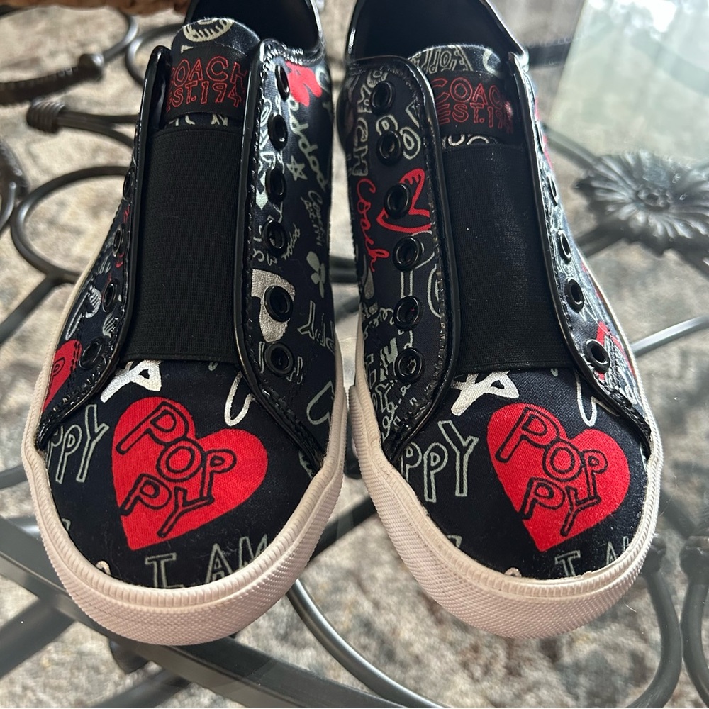 Coach Black Canvas Sneakers with Red and White Pop Heart Graphics - Picture 2 of 6